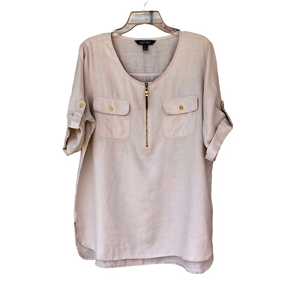 Ellen Tracy 100% Linen 1/4 Zipper Cuffed Short Sleeve Light Tan Tunic Top L - Picture 1 of 15